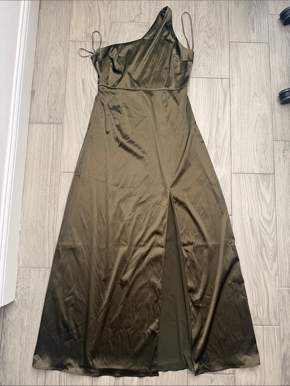 One-Shoulder Satin Maxi Dress in Olive Green